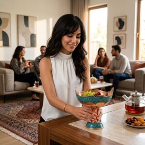 Host setting down a filled turquoise inlaying Kashkool fruit bowl for house guests.