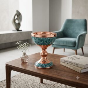 Turquoise inlaid copper Sangab centerpiece on a wooden coffee table in a modern lounge.