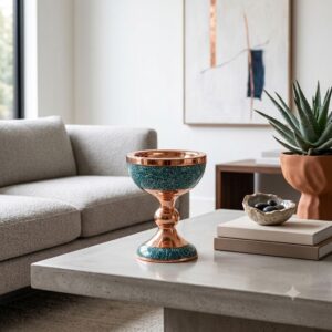 Modern living room decor featuring a handcrafted turquoise and copper Sangab bowl on a concrete table.