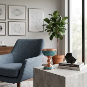 Turquoise inlaying Sangab vessel showcased on a pedestal next to a blue armchair.