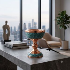 Luxury turquoise inlaying copper Sangab positioned near a high-rise city view window.