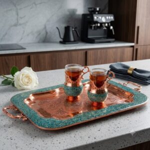 Persian turquoise inlay Galesh tea holders on matching copper tray