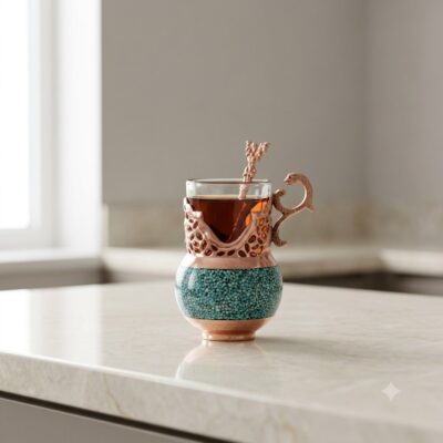 Close-up of Firooze Koobi Galesh with carved spoon and tea glass