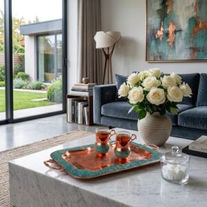 Turquoise inlaid tea set centerpiece in a modern living room