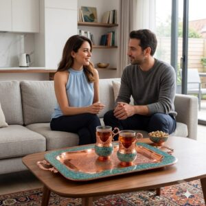 Couple enjoying tea served in Persian turquoise inlay Galesh