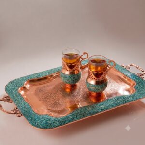 Studio portrait of Persian turquoise inlay Galesh tea set