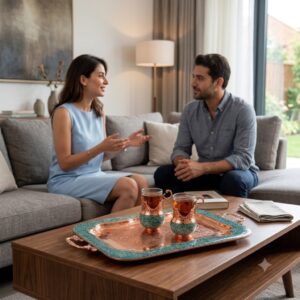 Modern living area with Persian Firooze Koobi tea service