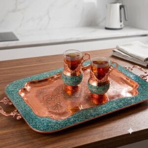 Detail of turquoise stone mosaic and carved copper on Galesh