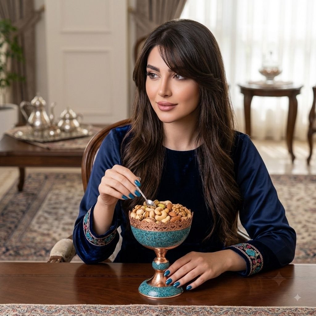 Woman sitting at a wooden table with a Persian Firoozeh Koobi turquoise copper nut bowl.