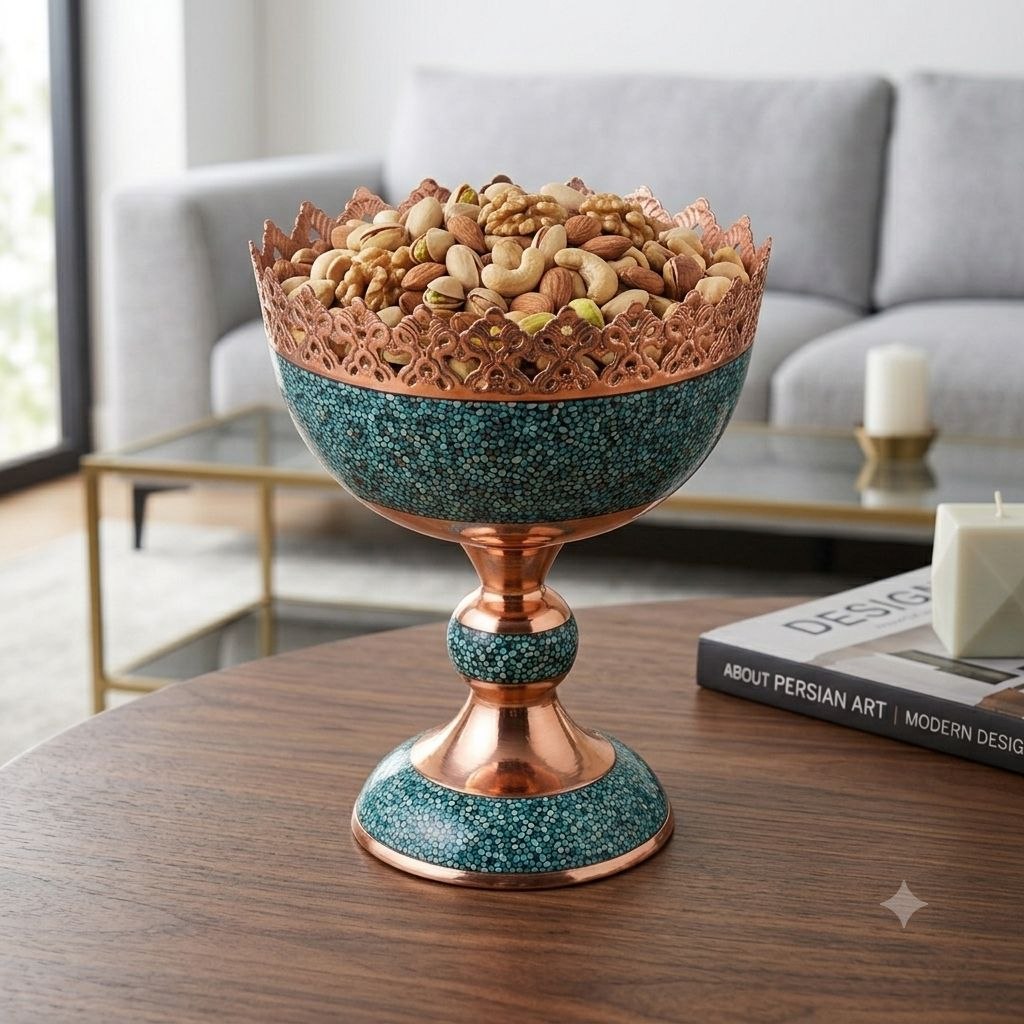 Luxury turquoise mosaic copper nut bowl on a round table in an open-plan living room.