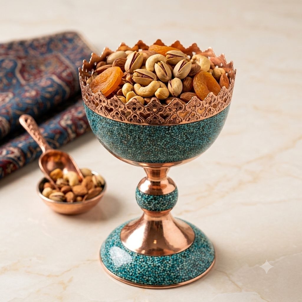 Hand-inlaid turquoise and copper serving dish filled with nuts and dried fruits with a copper scoop.