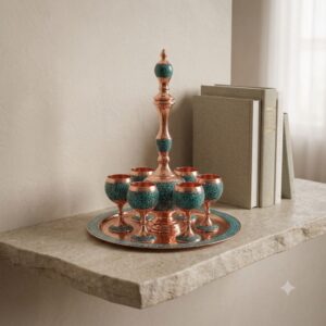 Handmade turquoise inlaying sake set with copper cups on stone shelf