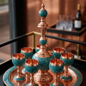 Close up of handcrafted turquoise inlaying decanter jug and copper goblets