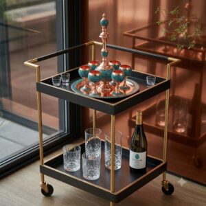 Luxury turquoise inlaying sake set styled on modern black and brass bar cart