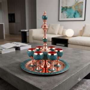 FiroozeKoobi turquoise and copper sake set on modern gray coffee table