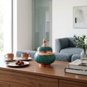 Luxury turquoise inlay sugar bowl on a modern wooden credenza with dates and copper cups.