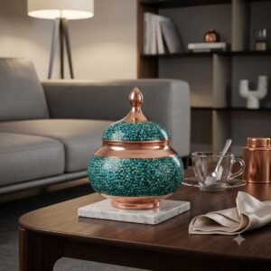 Persian turquoise inlay sugar bowl on marble trivet in a luxury modern living room setting.