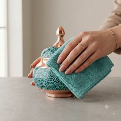 Hand gently wiping and polishing a Persian turquoise-inlaid copper sugar bowl with a microfiber cloth.