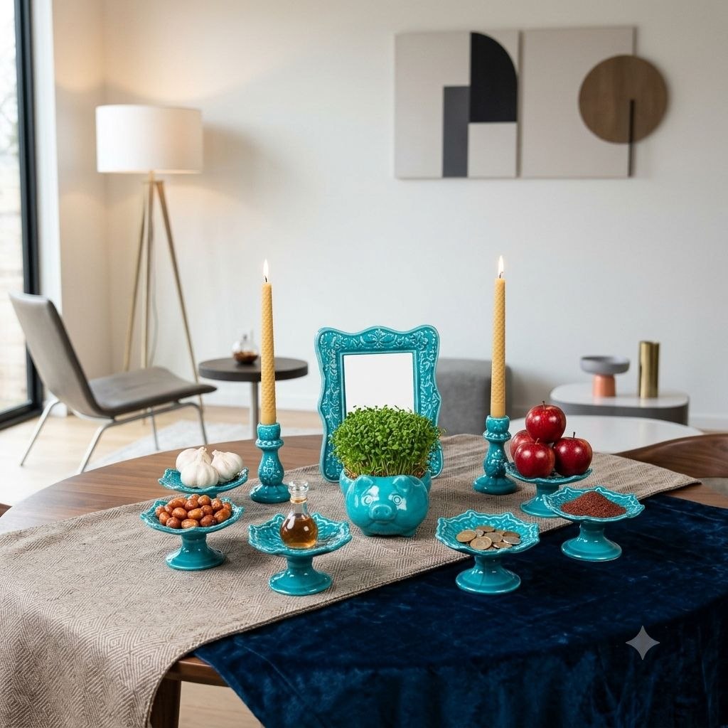 Modern wooden table adorned with a turquoise Hamedan enamel Haft-sin set and velvet runner.