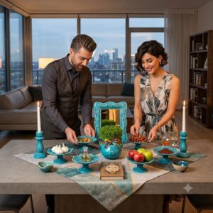 Couple setting up their handcrafted enamel Haft-sin pottery display in a luxury apartment.