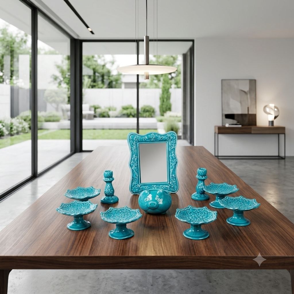 Hamedan enamel pottery Haft-sin set centered on a modern wooden dining room table.