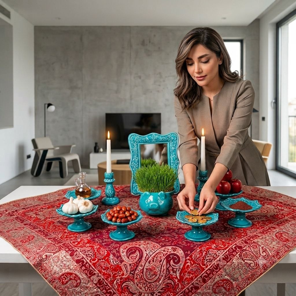Woman adjusting coins on a turquoise enamel Haft-sin platter over a red paisley cloth.