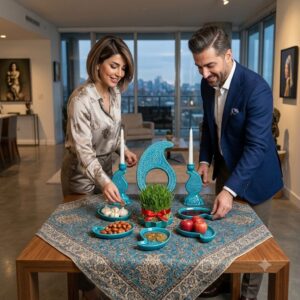 Couple decorating their Nowruz table with a turquoise enamel Haft-sin set.