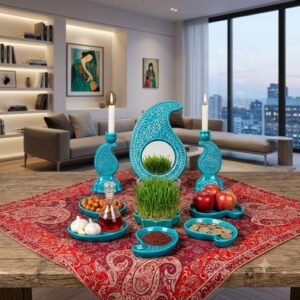 Eye-level view of a turquoise Boteh Jaegheh Haft-sin set with lit candles.