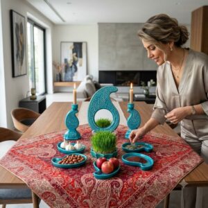 Woman placing coins into a turquoise paisley ceramic dish for Nowruz.