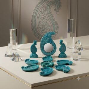 Flat-lay studio arrangement of the turquoise enamel Haft-sin set with glass prisms.