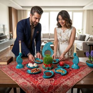 Couple admiring their completed turquoise enamel Haft-sin setup.