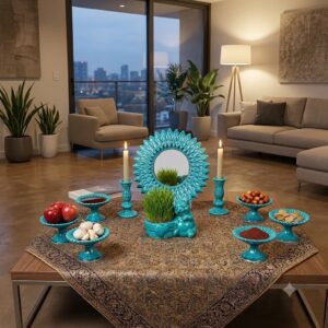 Turquoise enamel pottery Haft-sin set displayed on a traditional Persian tablecloth.