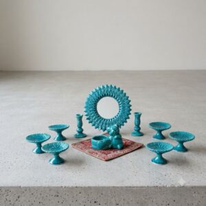 10-piece Hamedan turquoise enamel pottery Haft-sin set studio display.