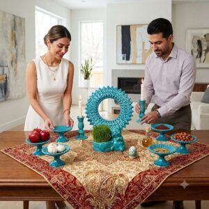 Couple preparing Nowruz table setting with turquoise Sun enamel Haft-sin set.