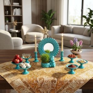 Sun design turquoise enamel Haft-sin centerpiece set in a modern living room.