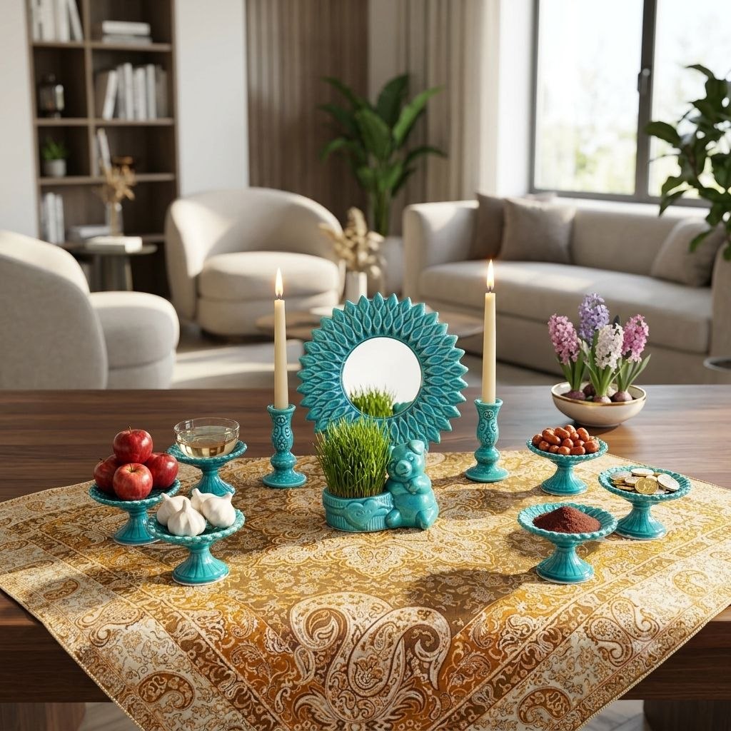 Sun design turquoise enamel Haft-sin centerpiece set in a modern living room.