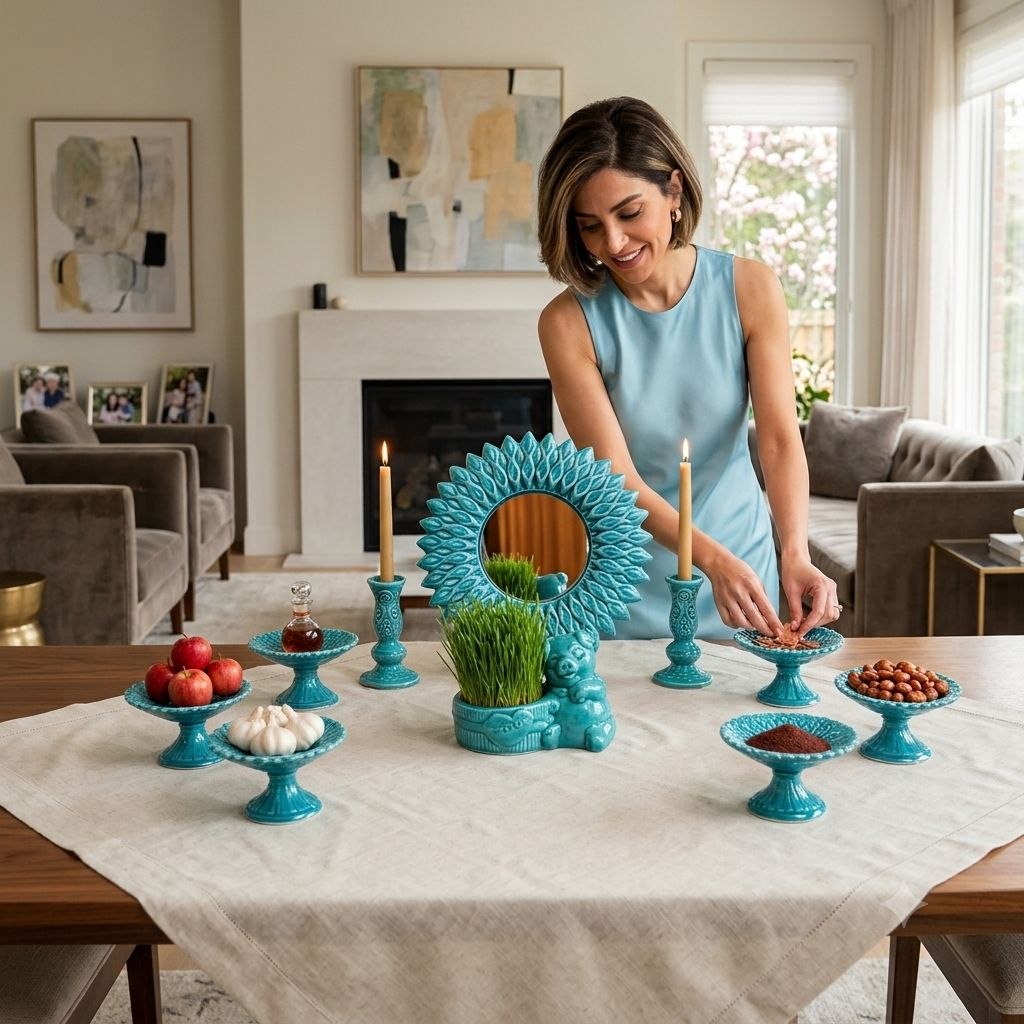 Elegant woman placing sumac onto a turquoise enamel pedestal dish.