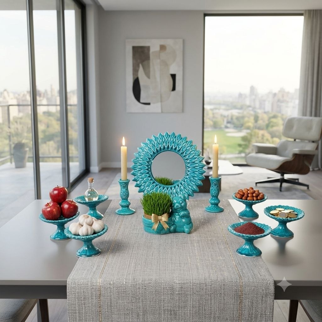Symmetrical setup of turquoise enamel Haft-sin pottery with city view backdrop.
