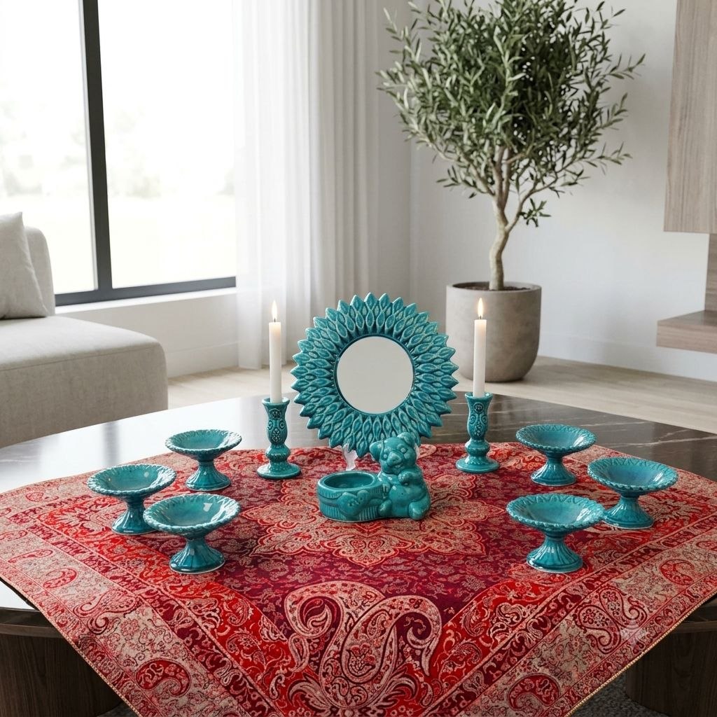 Turquoise enamel Sun Haft-sin set on a rich red paisley cloth.