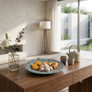 Circular enamel platter filled with sweets on a wooden sideboard next to a teapot.