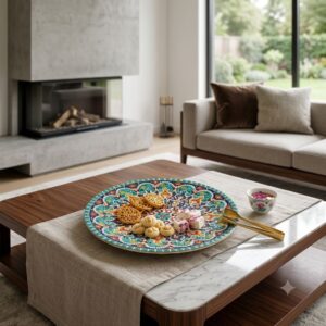 Hand-painted Hamedan enamel dish with Turkish delight on a coffee table.