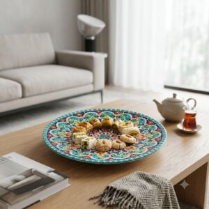 Large circular enamel platter with an arrangement of pastries and Turkish tea.