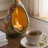 Hamedan enamel pottery teardrop candlestick holder with lit candle next to tea cup.