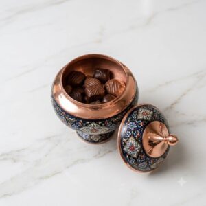 Top-down view of an open luxury copper Pardaz dish filled with gourmet chocolates.