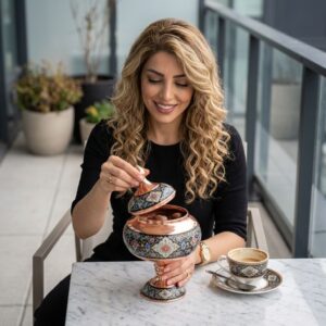 Woman on a modern balcony table enjoying coffee next to a copper Pardaz dish.
