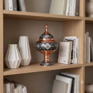 Copper and Pardaz candy dish styled on a wooden bookshelf alongside ceramic vases.