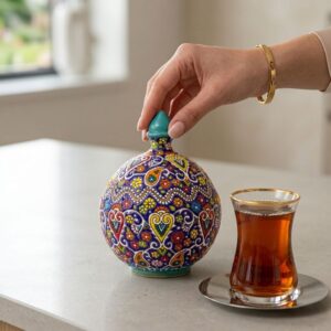 Hand-painted Hamedan enamel pottery candy dish paired with traditional tea.