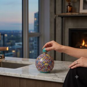 Enamel pottery candy dish on marble kitchen island overlooking city skyline.
