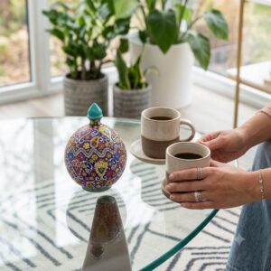 Iranian handcrafted enamel pottery dish on glass coffee table with mugs.