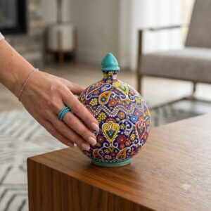 Detailed close-up of hand touching the relief pattern on a Hamedan pottery dish.